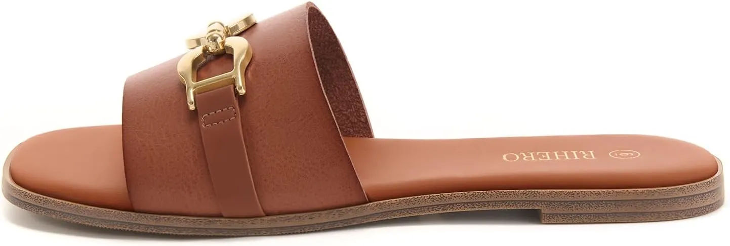 Rihero Women's Flat Sandals Summer Comfortable Square Open Toe Slip On Leather Slide Sandals