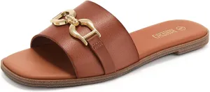 Rihero Women's Flat Sandals Summer Comfortable Square Open Toe Slip On Leather Slide Sandals