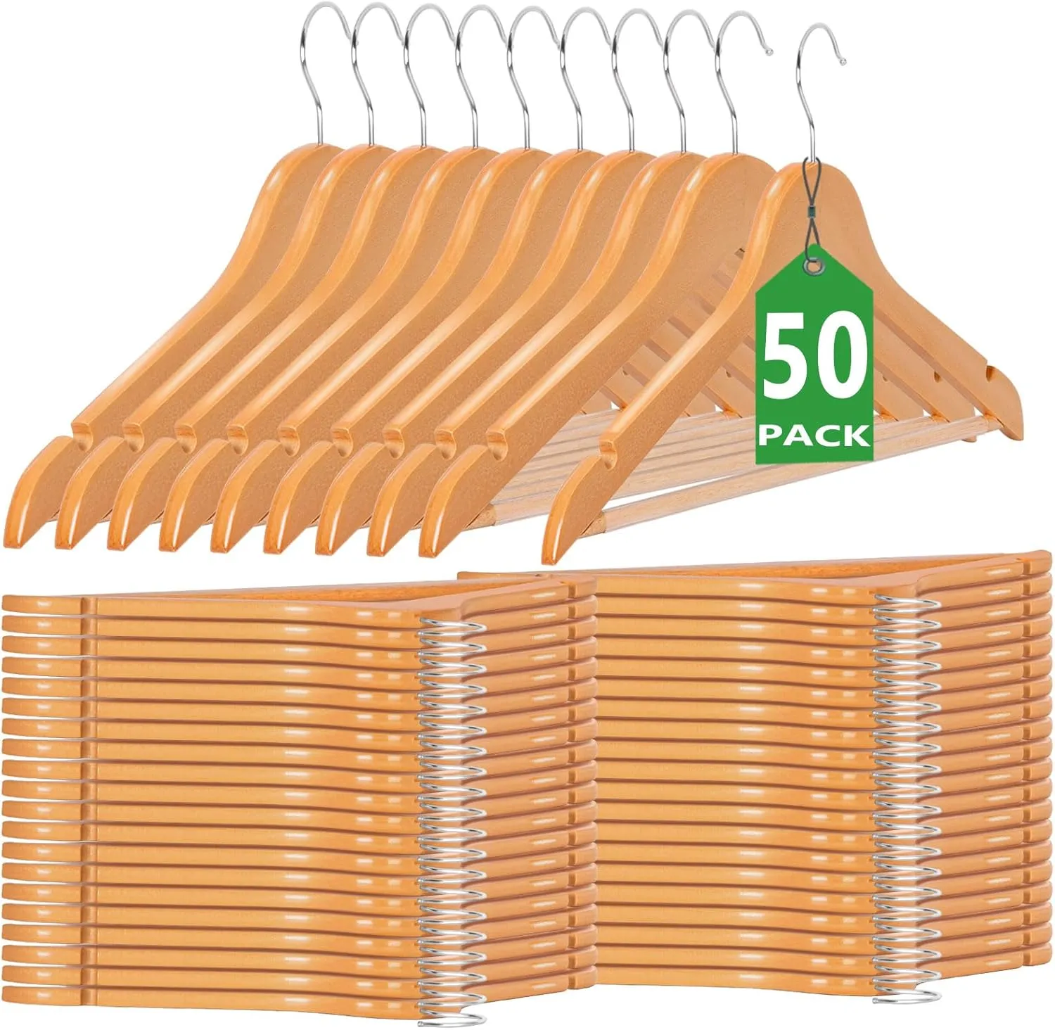 Romswi 50pcs Premium Wooden Hangers, 360-Degree Swivel Hooks, Anti-Warp, Non-Slip Shoulder Groove Design - Wood Clothes Hangers for Coat, Pants, Skirt, Suit