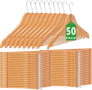 Romswi 50pcs Premium Wooden Hangers, 360-Degree Swivel Hooks, Anti-Warp, Non-Slip Shoulder Groove Design - Wood Clothes Hangers for Coat, Pants, Skirt, Suit