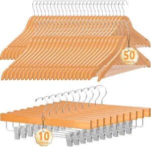 Romswi Premium Wooden Hangers Set - 50 Clothes & 10 Pants Hangers, 360-Degree Swivel Hooks, Anti-Warp, Non-Slip, Heavy Duty for Coat, Suit, Skirt(Set of 60)