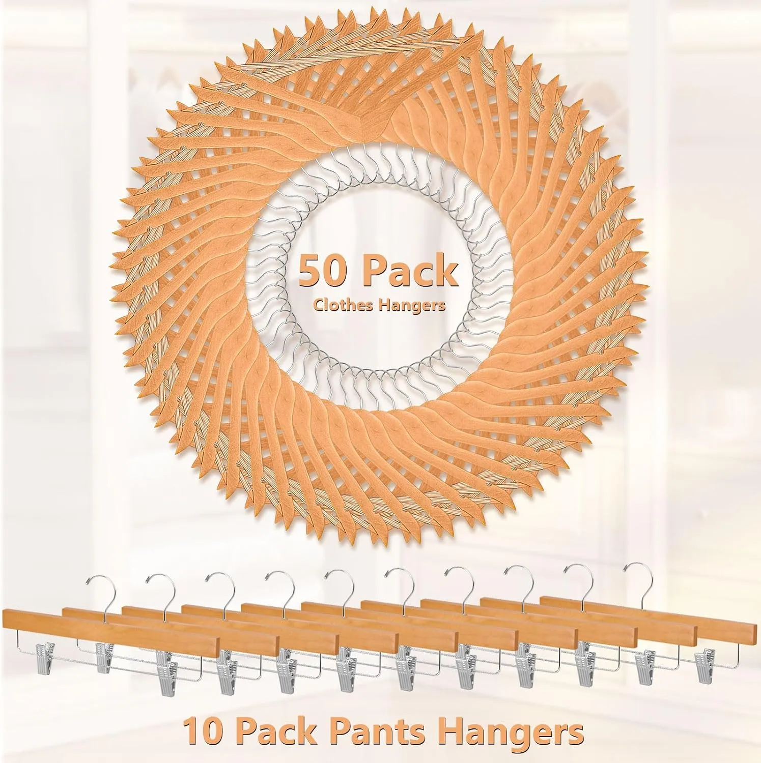 Romswi Premium Wooden Hangers Set - 50 Clothes & 10 Pants Hangers, 360-Degree Swivel Hooks, Anti-Warp, Non-Slip, Heavy Duty for Coat, Suit, Skirt(Set of 60)