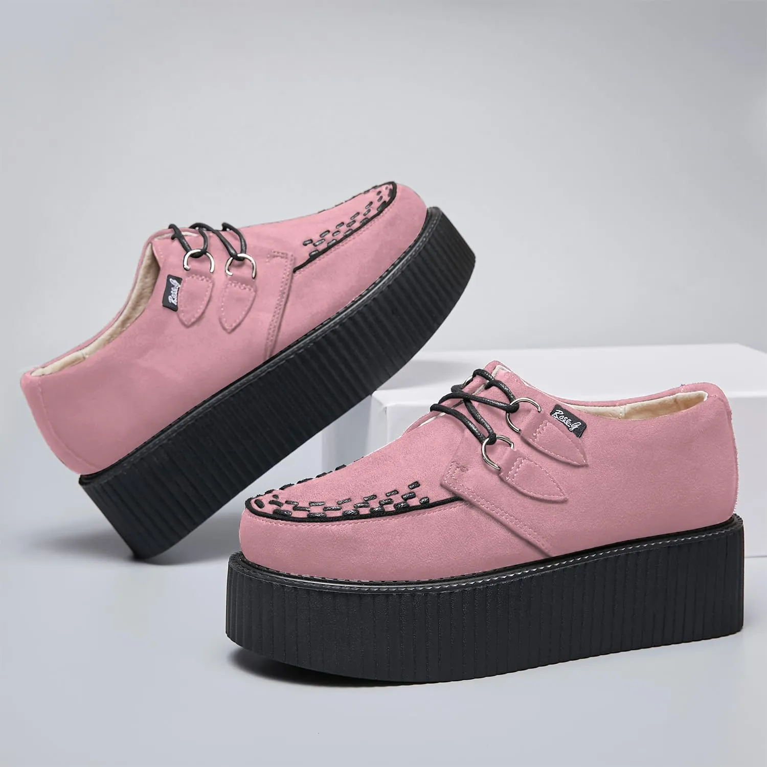 RoseG Women's Handmade Suede Lace Up Flat Platform Creepers Shoe