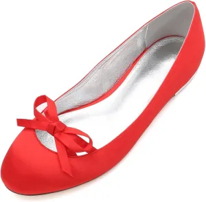 Round Toe Bow Wedding Flats Comfortable Low Heels Slip on Wedding Shoes for Bride Satin Bridal Shoes Dress Pumps for Women