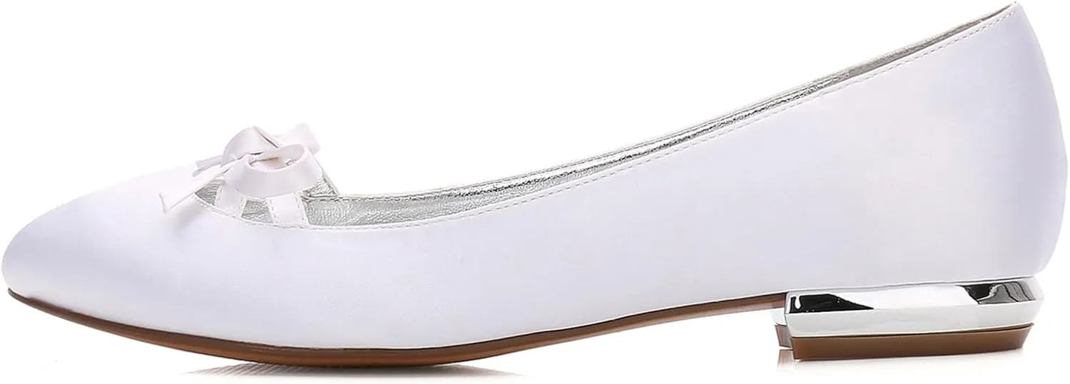 Round Toe Bow Wedding Flats Comfortable Low Heels Slip on Wedding Shoes for Bride Satin Bridal Shoes Dress Pumps for Women