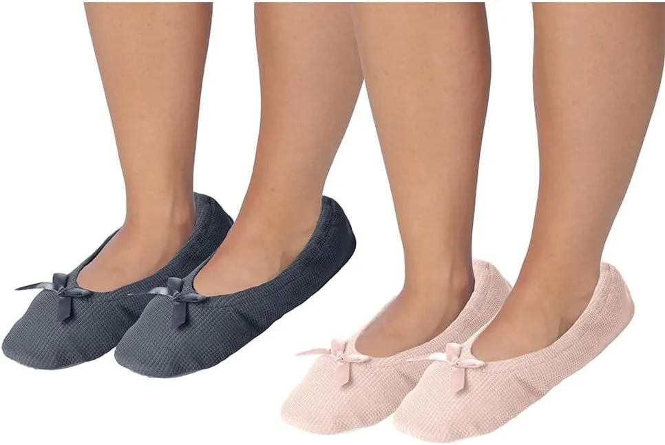 Roxoni Women's Terry Classic Cotton & Velour Ballerina Slippers (Pack of 2)