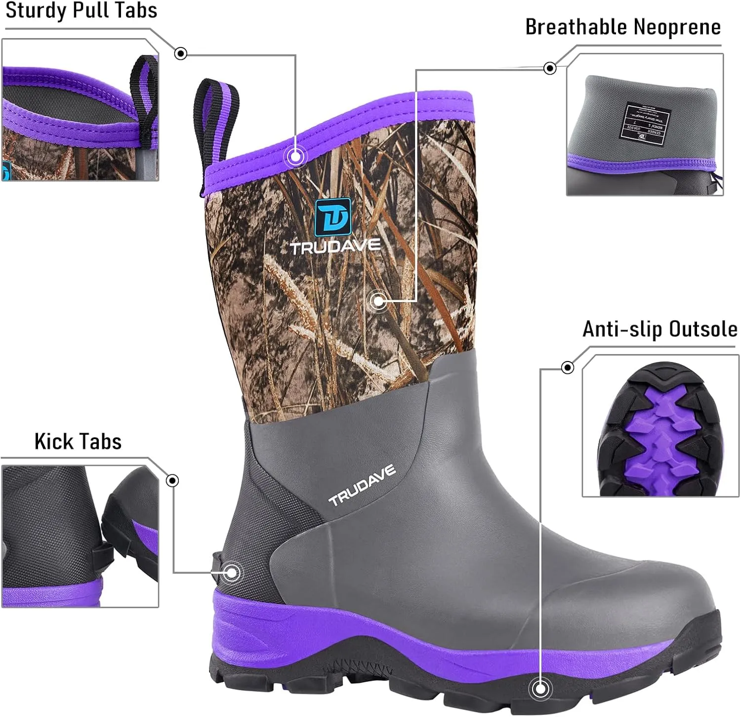 Rubber Rain Boots for Women, 4.5mm Neoprene Insulated Mud Work Boots, Anti-slip Breathable Mid-calf Womens Boots for Garden, Water Fishing, Size 6-11