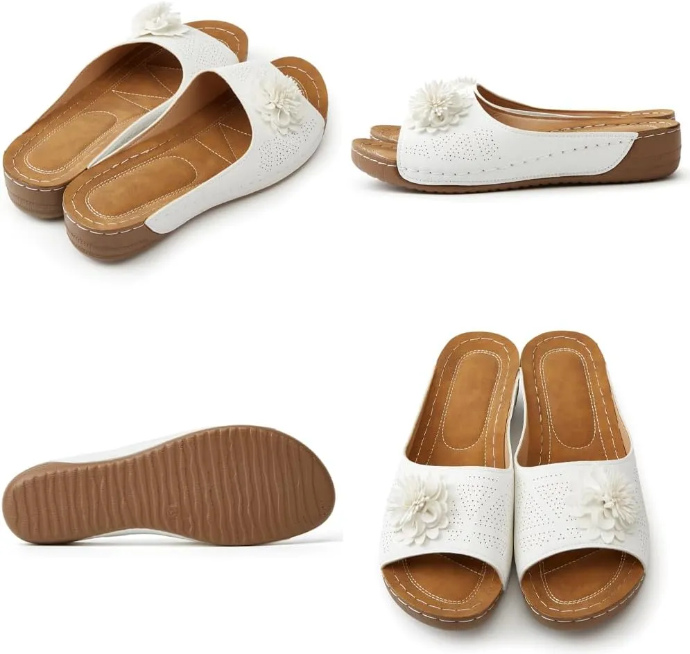 Rungion Womens Summer Beach Sandals Wedge Low Open Toe Slides Ladies Dressy Sandals Slipper Platform Comfortable Flower Sandals