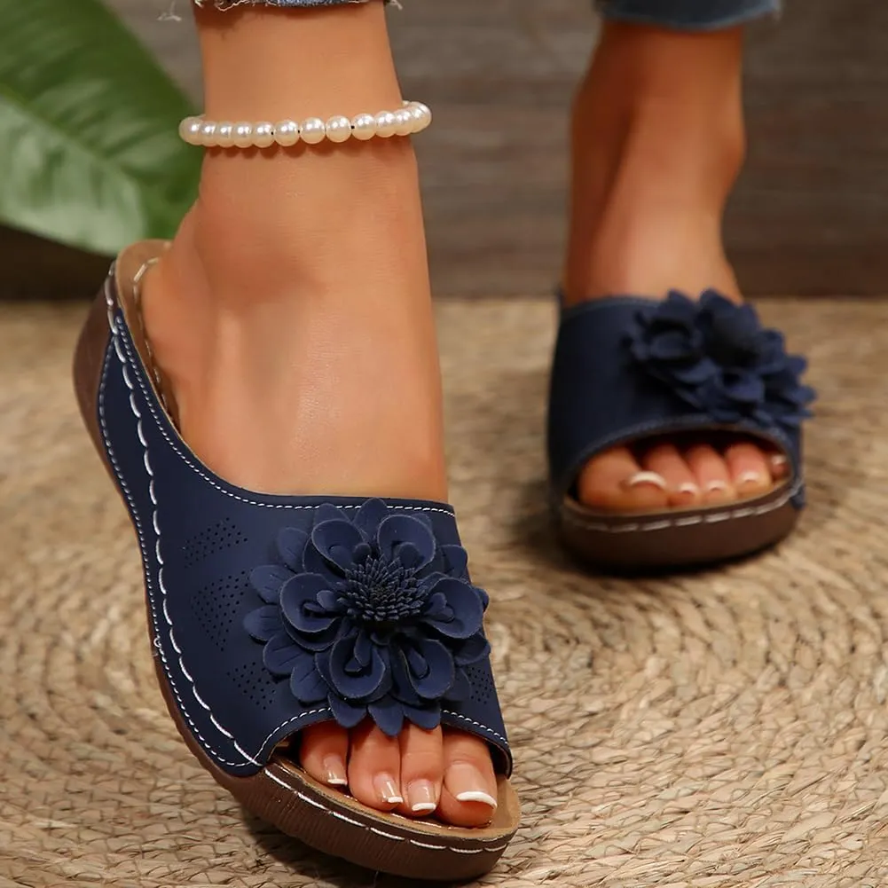 Rungion Womens Summer Beach Sandals Wedge Low Open Toe Slides Ladies Dressy Sandals Slipper Platform Comfortable Flower Sandals