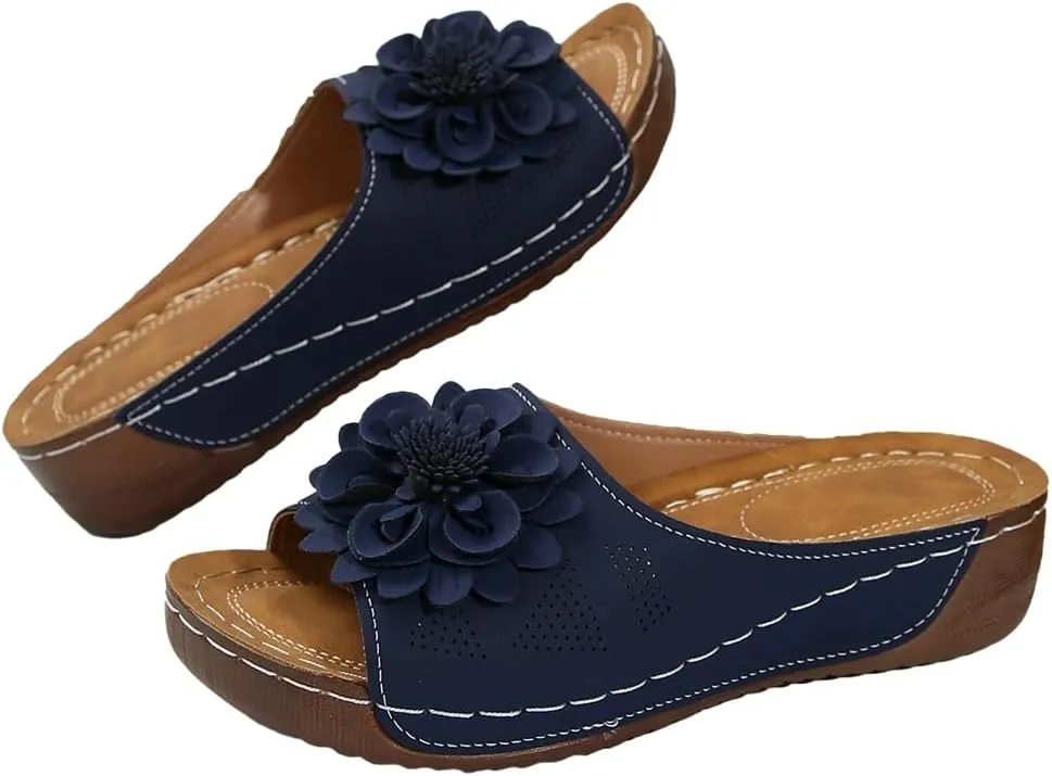 Rungion Womens Summer Beach Sandals Wedge Low Open Toe Slides Ladies Dressy Sandals Slipper Platform Comfortable Flower Sandals