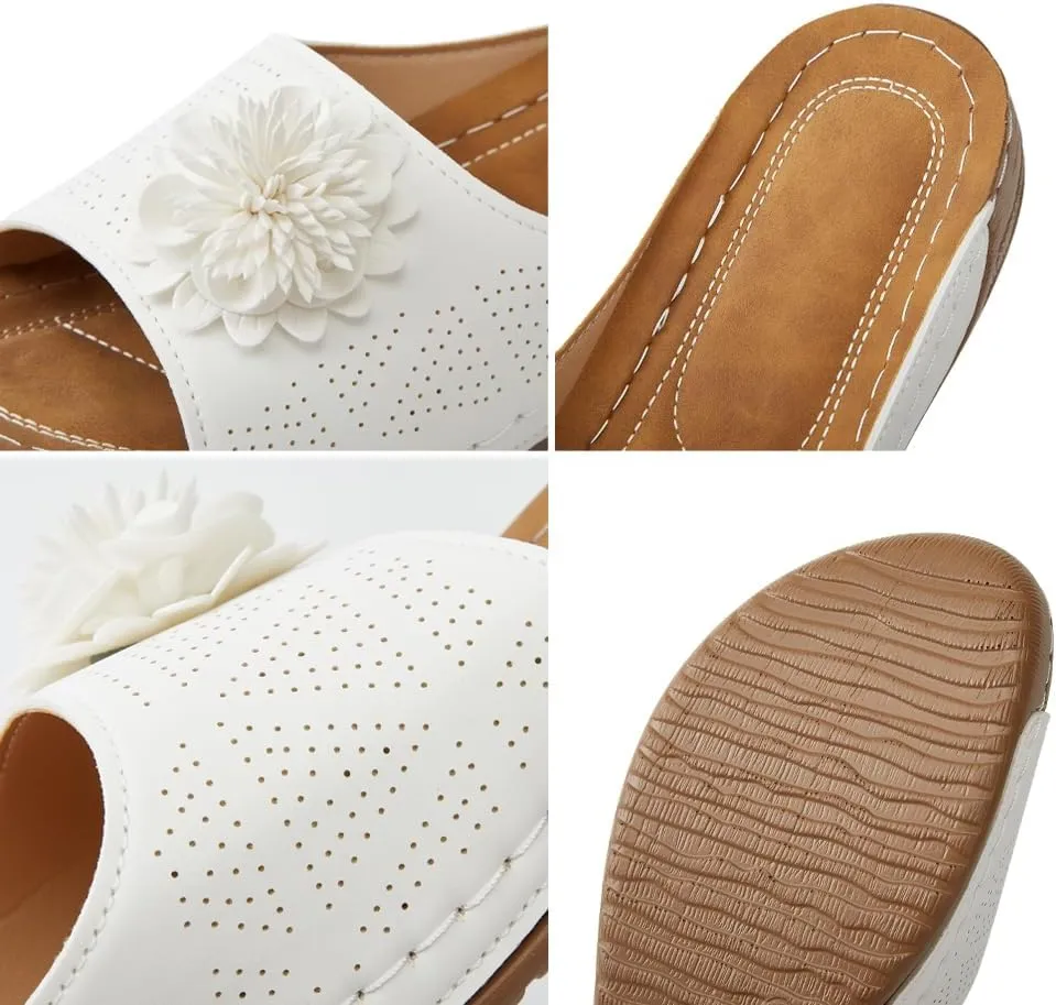Rungion Womens Summer Beach Sandals Wedge Low Open Toe Slides Ladies Dressy Sandals Slipper Platform Comfortable Flower Sandals