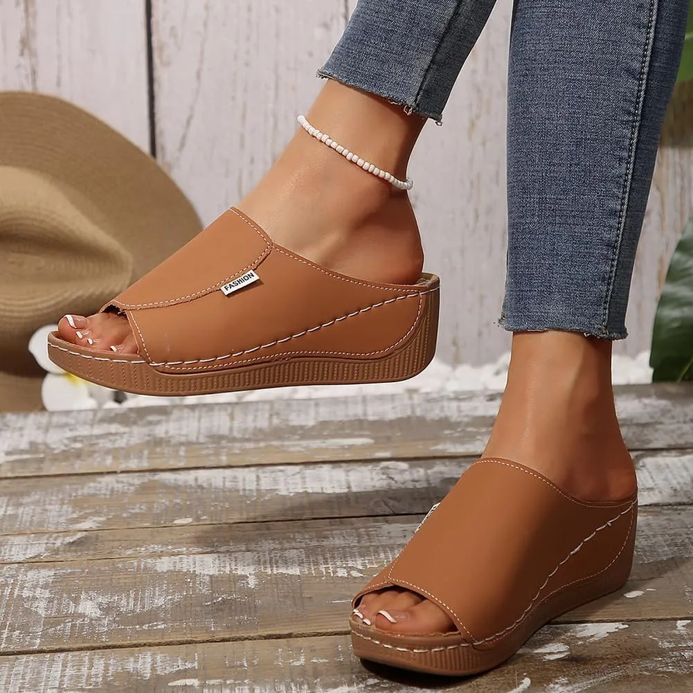 Rungion Womens Wedge Sandals Shoes Orthopedic Comfortable Summer Beach Dressy Slipper with Arch Support Casual Platform Slides