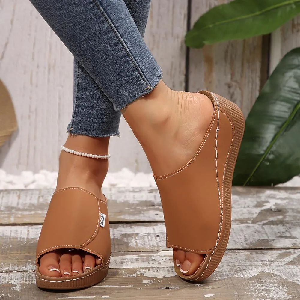 Rungion Womens Wedge Sandals Shoes Orthopedic Comfortable Summer Beach Dressy Slipper with Arch Support Casual Platform Slides