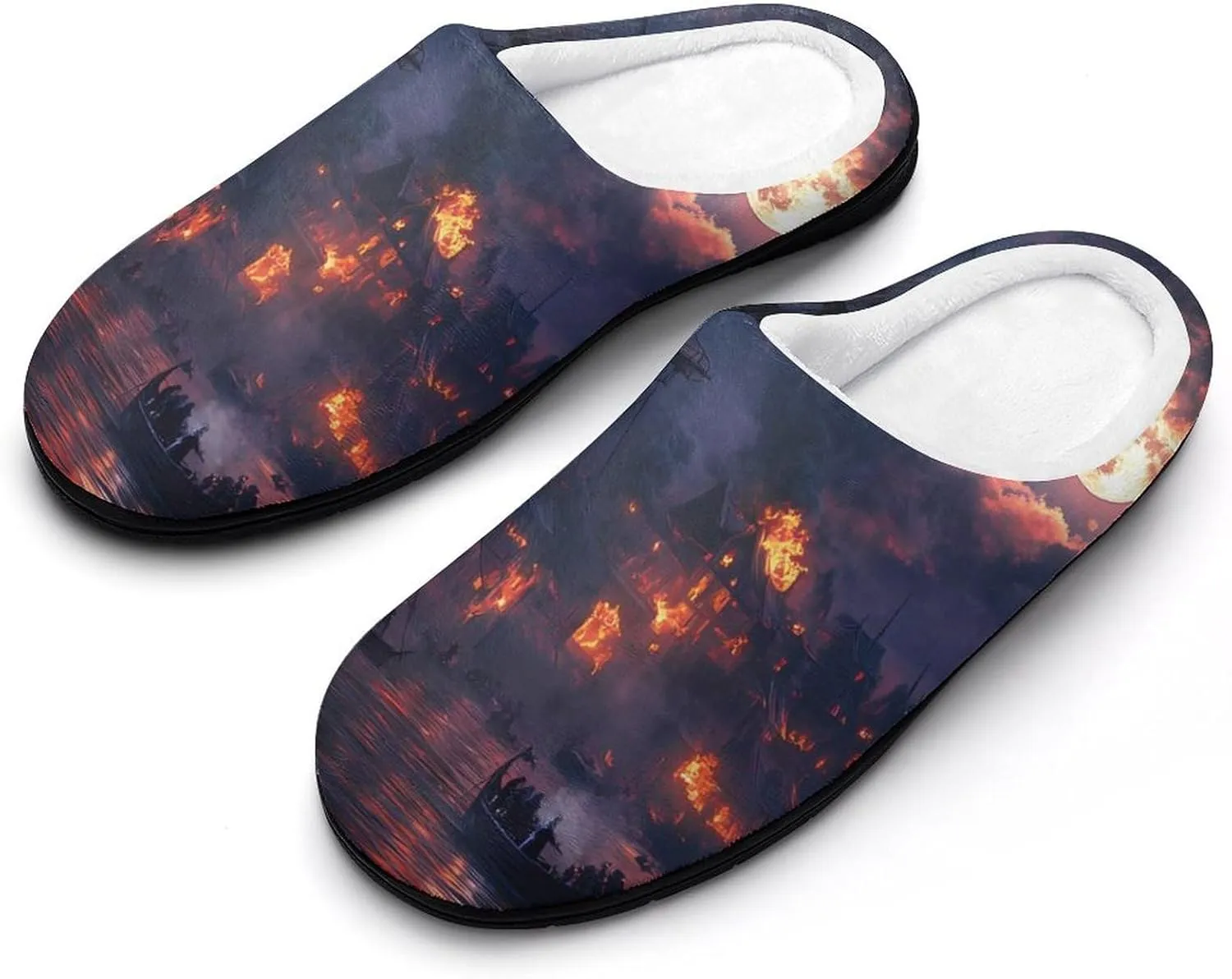 Sailing Ship Moon Burning Village Funny Mens Slippers Lightweight Warm House Shoes Indoor Outdoor