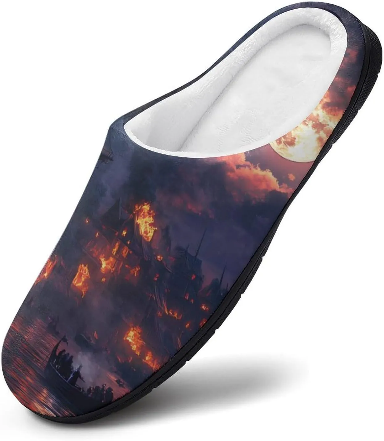 Sailing Ship Moon Burning Village Funny Mens Slippers Lightweight Warm House Shoes Indoor Outdoor