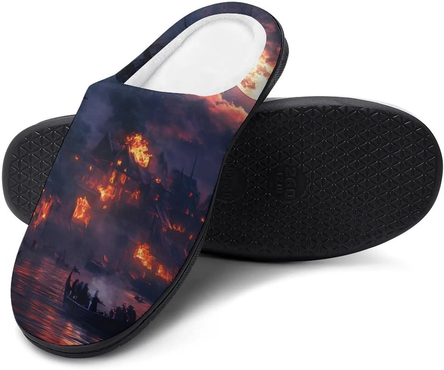 Sailing Ship Moon Burning Village Funny Mens Slippers Lightweight Warm House Shoes Indoor Outdoor
