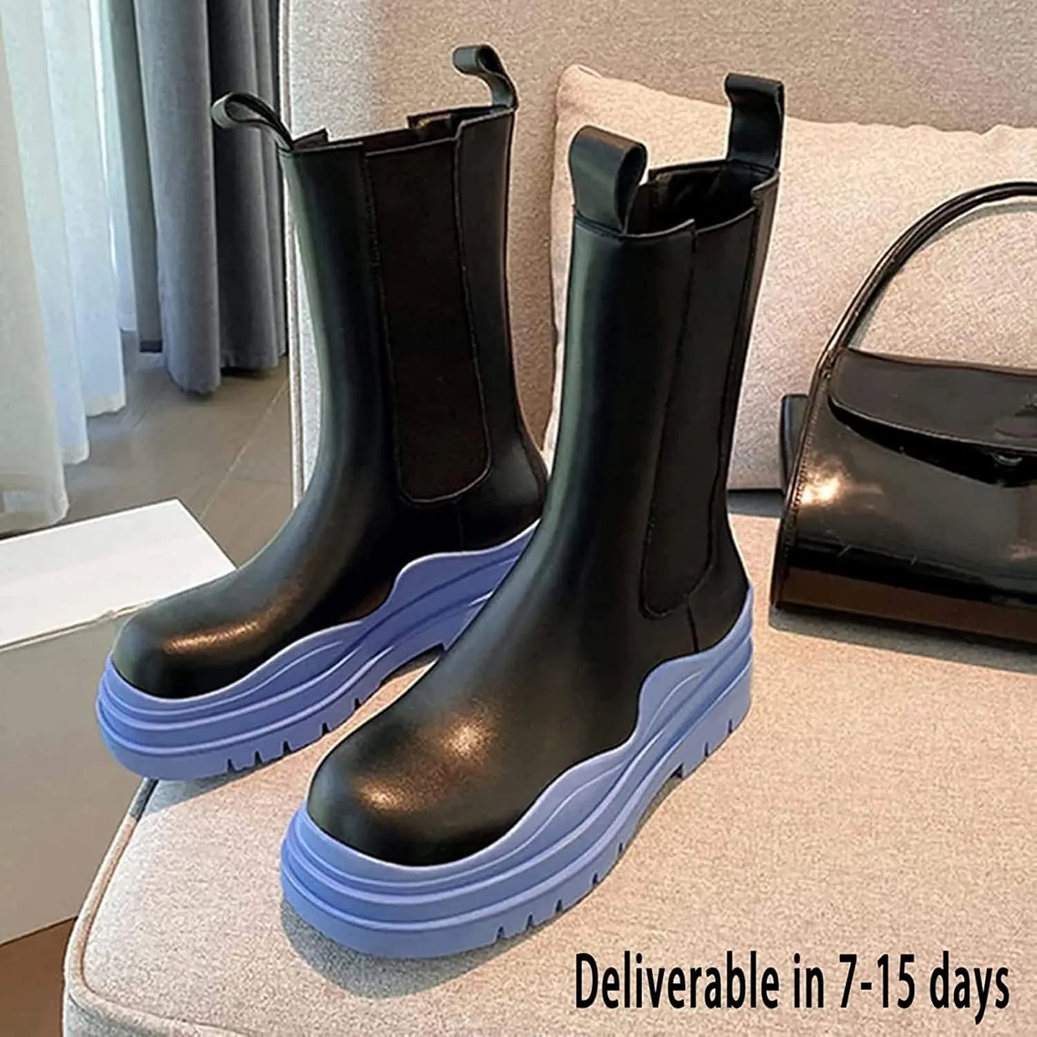 SANIOOOI Women Platform Chelsea Bootie,Fashion Mid Calf Boots Chunky Double Heel Round Toe Slip on Thick Sole