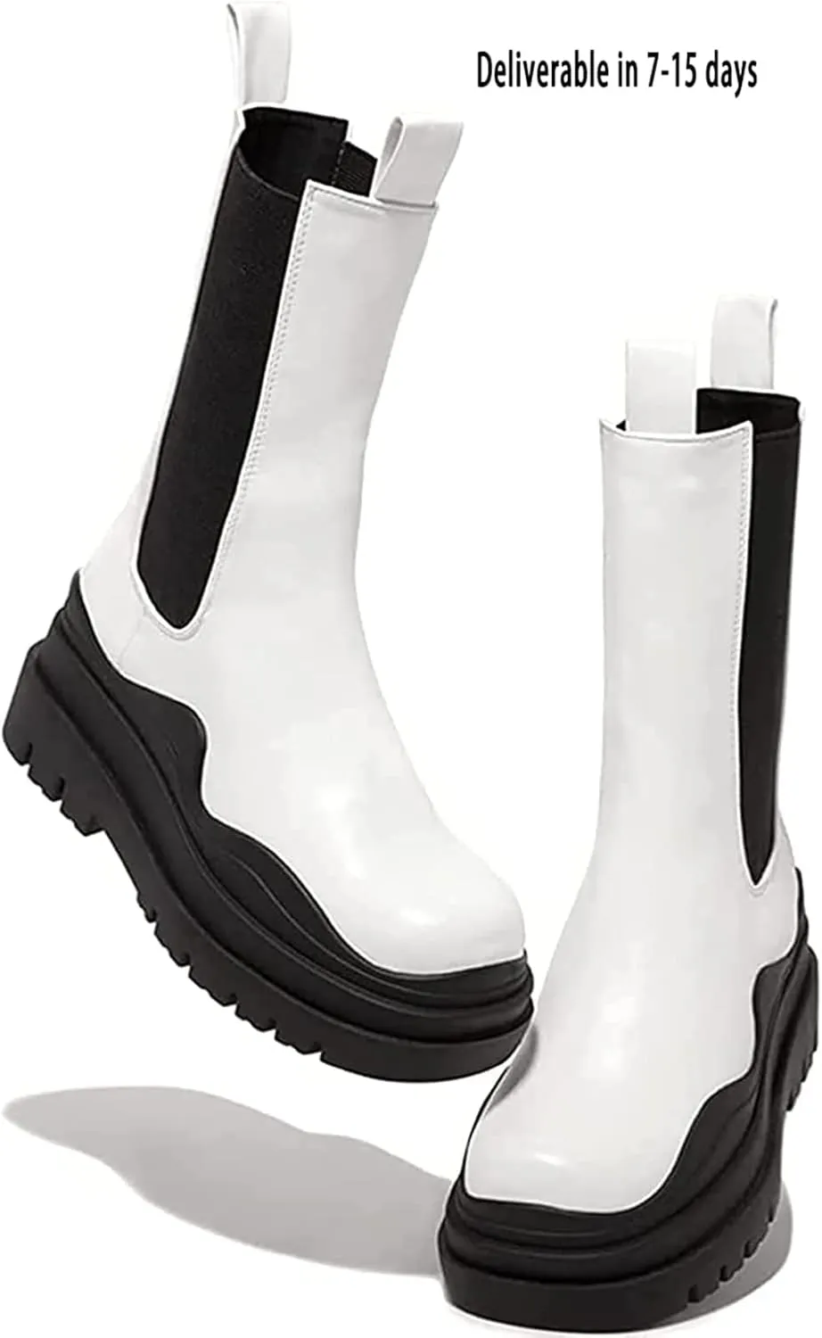 SANIOOOI Women Platform Chelsea Bootie,Fashion Mid Calf Boots Chunky Double Heel Round Toe Slip on Thick Sole