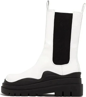 SANIOOOI Women Platform Chelsea Bootie,Fashion Mid Calf Boots Chunky Double Heel Round Toe Slip on Thick Sole