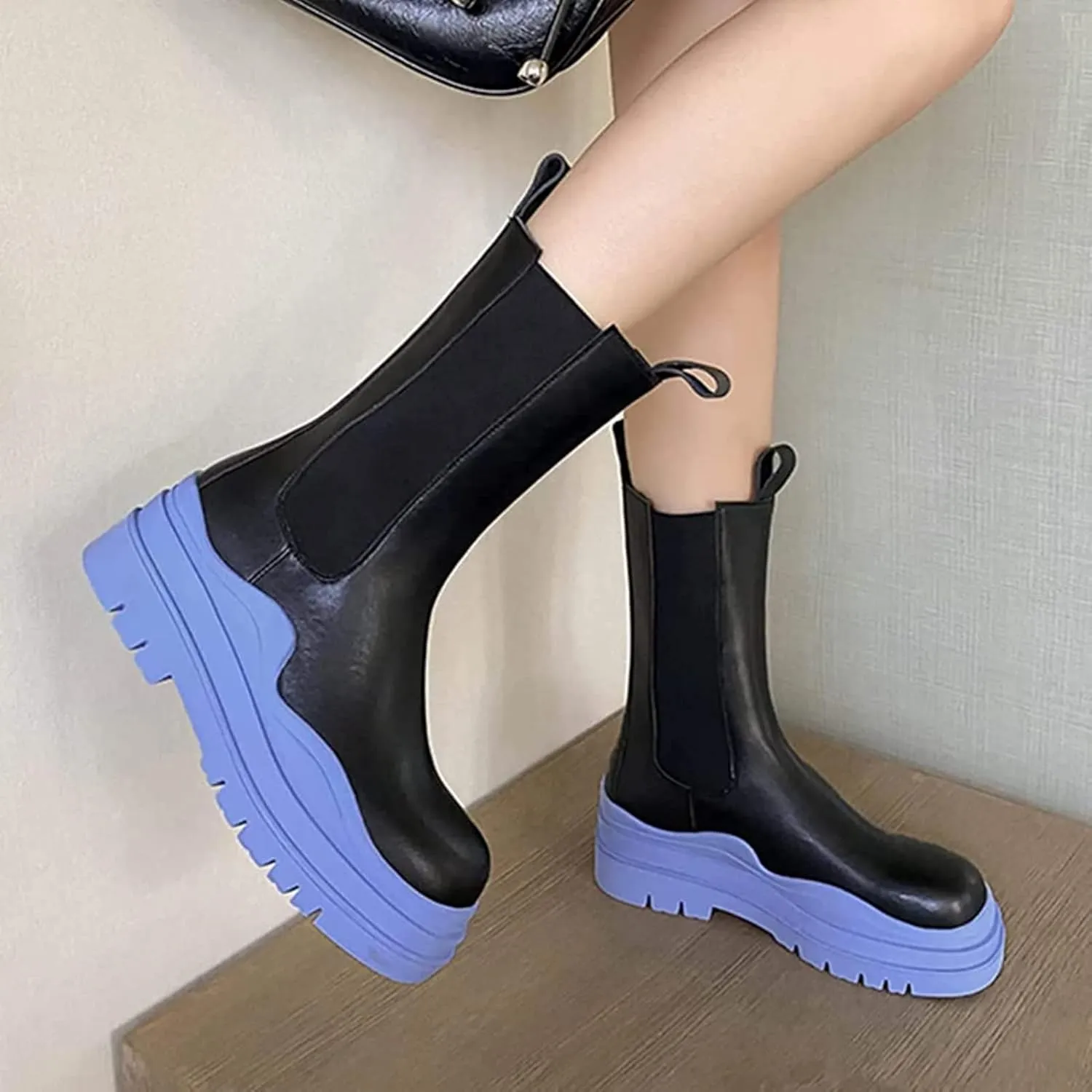 SANIOOOI Women Platform Chelsea Bootie,Fashion Mid Calf Boots Chunky Double Heel Round Toe Slip on Thick Sole