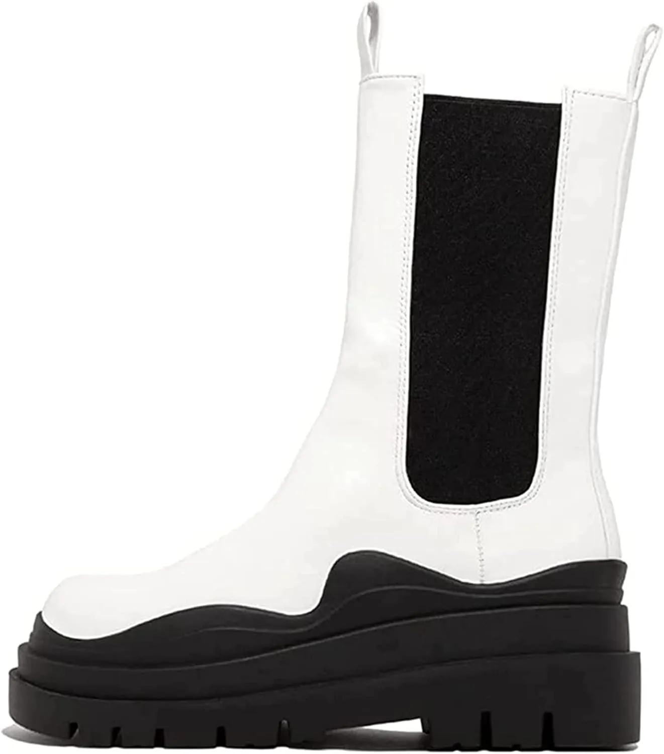 SANIOOOI Women Platform Chelsea Bootie,Fashion Mid Calf Boots Chunky Double Heel Round Toe Slip on Thick Sole