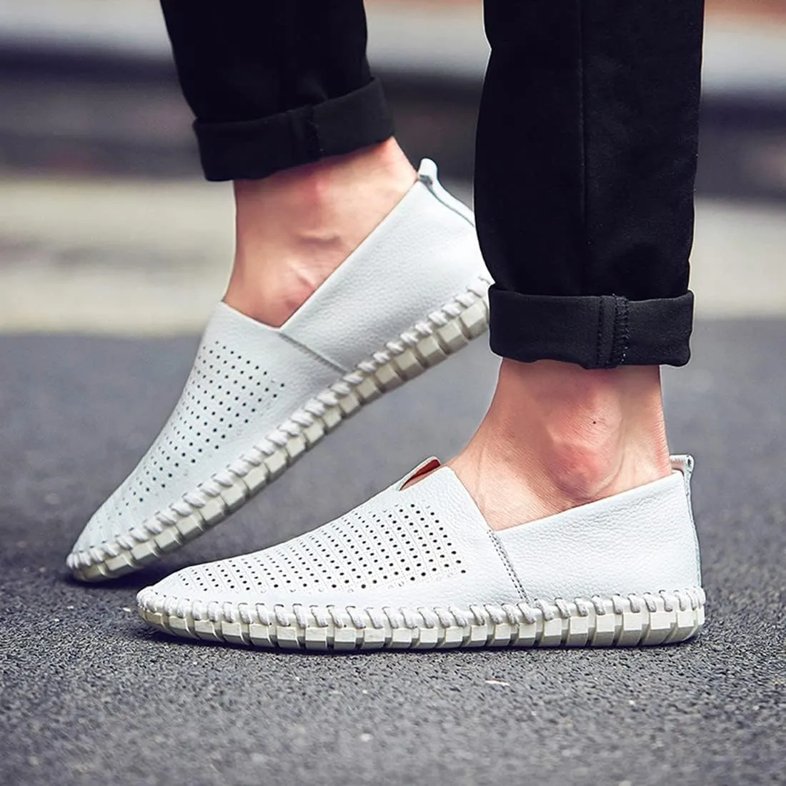 Santimon Men's Leather Espadrille Slip-On Plain Toe Casual Breathable Shoes