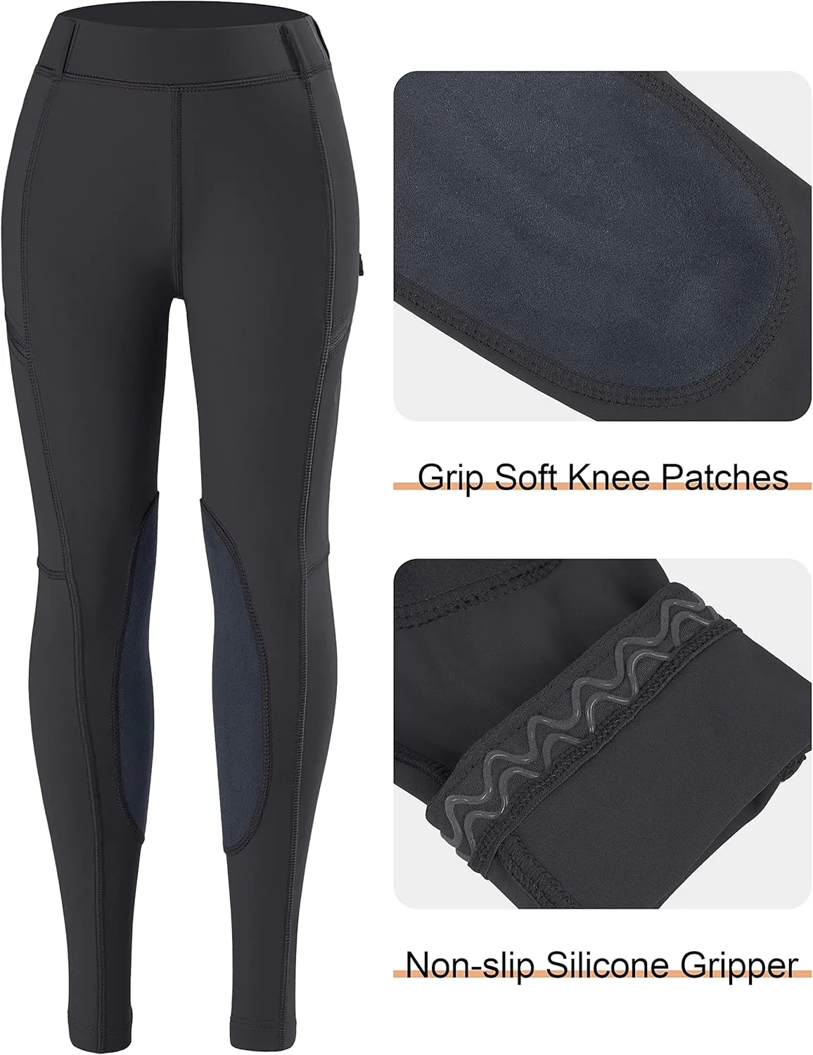 SANTINY Girls Horse Riding Pants with Zipper Pockets Kids Stretchy Equestrian Breeches Knee-Patch Youth Schooling Tights