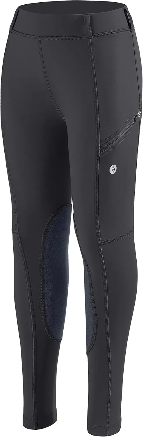 SANTINY Girls Horse Riding Pants with Zipper Pockets Kids Stretchy Equestrian Breeches Knee-Patch Youth Schooling Tights
