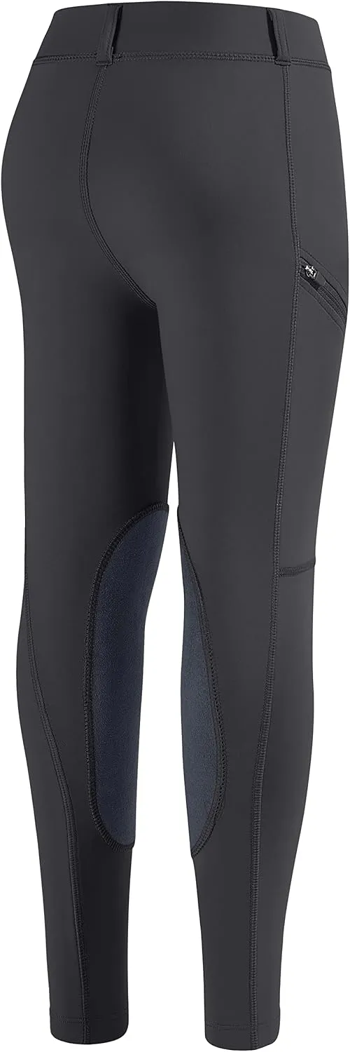 SANTINY Girls Horse Riding Pants with Zipper Pockets Kids Stretchy Equestrian Breeches Knee-Patch Youth Schooling Tights