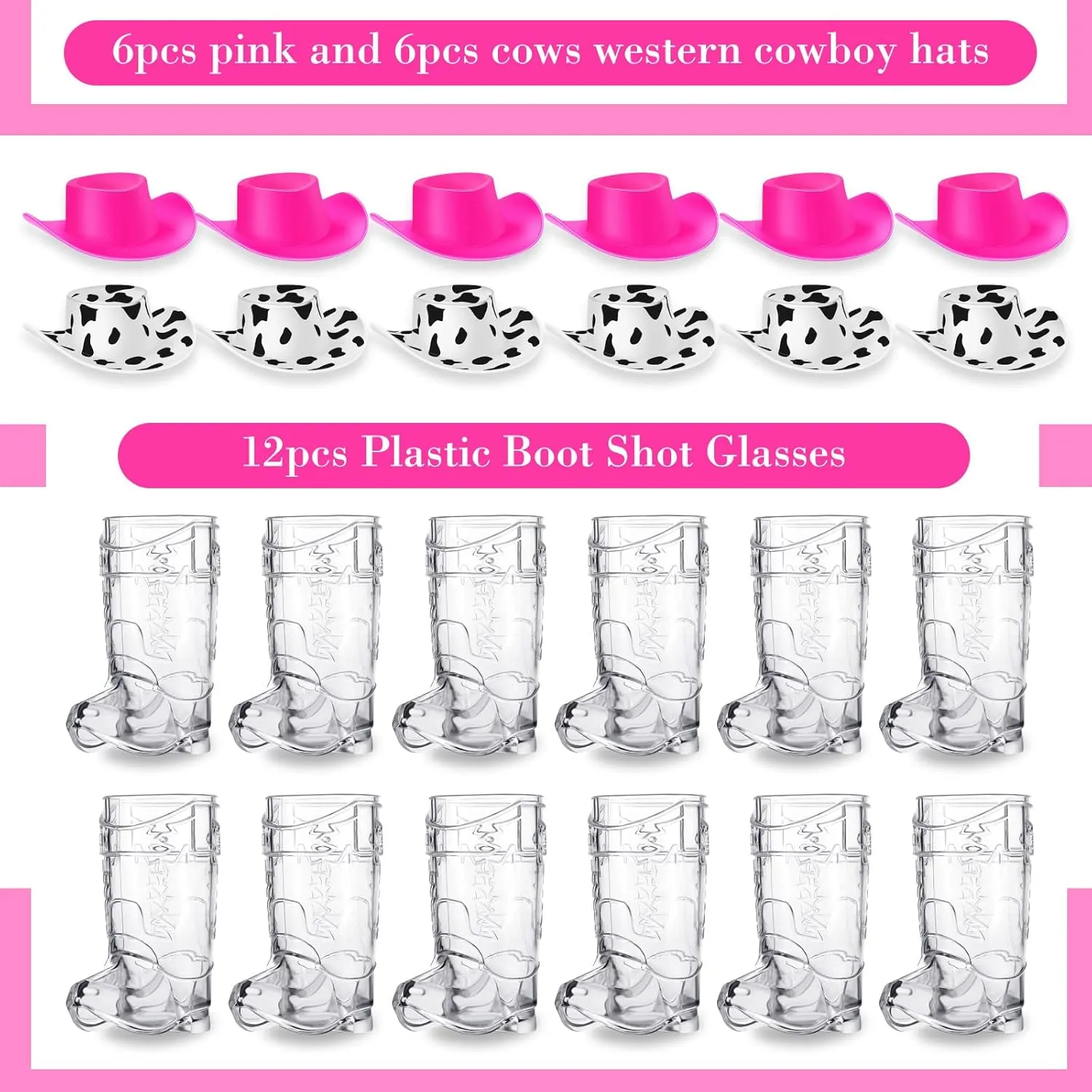 Sawysine 24 Pcs Mini Cowboy Boot Shot Glass Cups Western Cowgirl Hat and Plastic Cowboy Boot Glasses Set Miniature Hat Funny Toys for Cowgirl Theme Party Supplies(Cow Print, Pink)