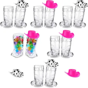 Sawysine 24 Pcs Mini Cowboy Boot Shot Glass Cups Western Cowgirl Hat and Plastic Cowboy Boot Glasses Set Miniature Hat Funny Toys for Cowgirl Theme Party Supplies(Cow Print, Pink)