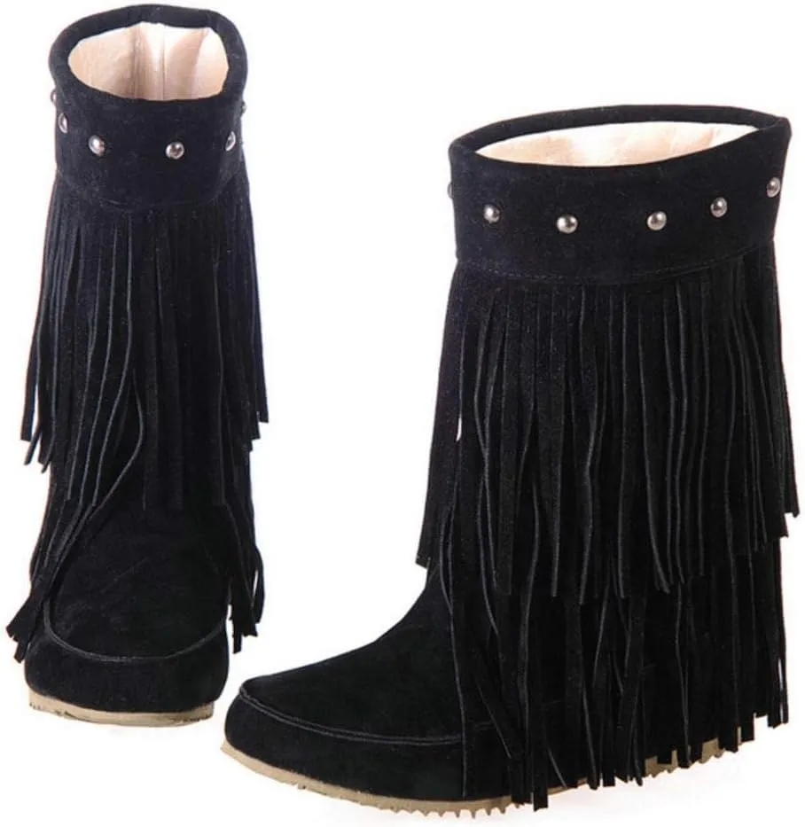 Scaoruki Classic Fringe Mid Women Boots Pull On Flat Winter Shoes