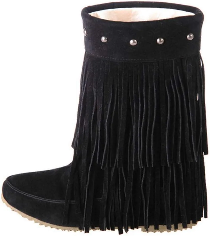 Scaoruki Classic Fringe Mid Women Boots Pull On Flat Winter Shoes