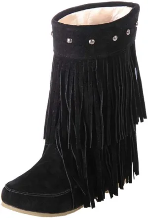 Scaoruki Classic Fringe Mid Women Boots Pull On Flat Winter Shoes