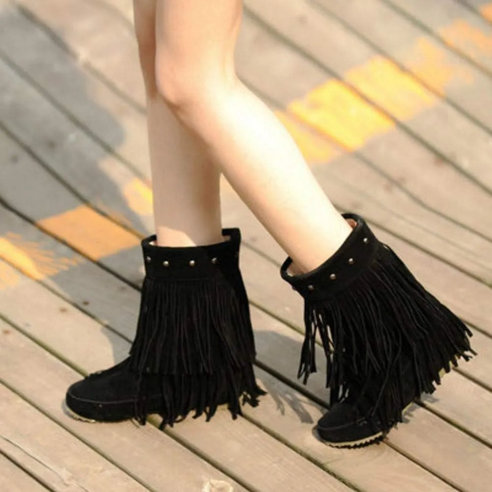 Scaoruki Classic Fringe Mid Women Boots Pull On Flat Winter Shoes