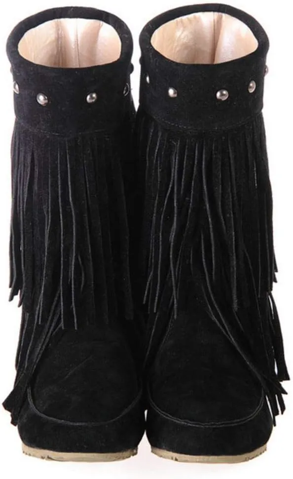 Scaoruki Classic Fringe Mid Women Boots Pull On Flat Winter Shoes