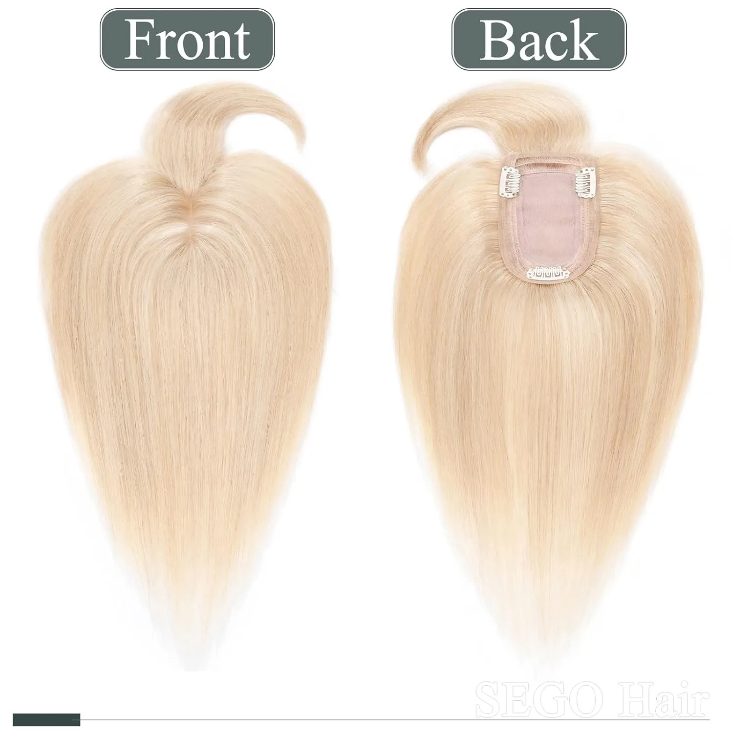 SEGO Hair Toppers for Women, Clip in Real Human Hair Toppers Straight with Bangs 150% Density Silk Base -6 Inch #18/613 Ash Blonde Mix Bleach Blonde