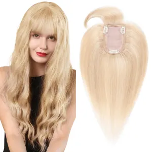 SEGO Hair Toppers for Women, Clip in Real Human Hair Toppers Straight with Bangs 150% Density Silk Base -6 Inch #18/613 Ash Blonde Mix Bleach Blonde
