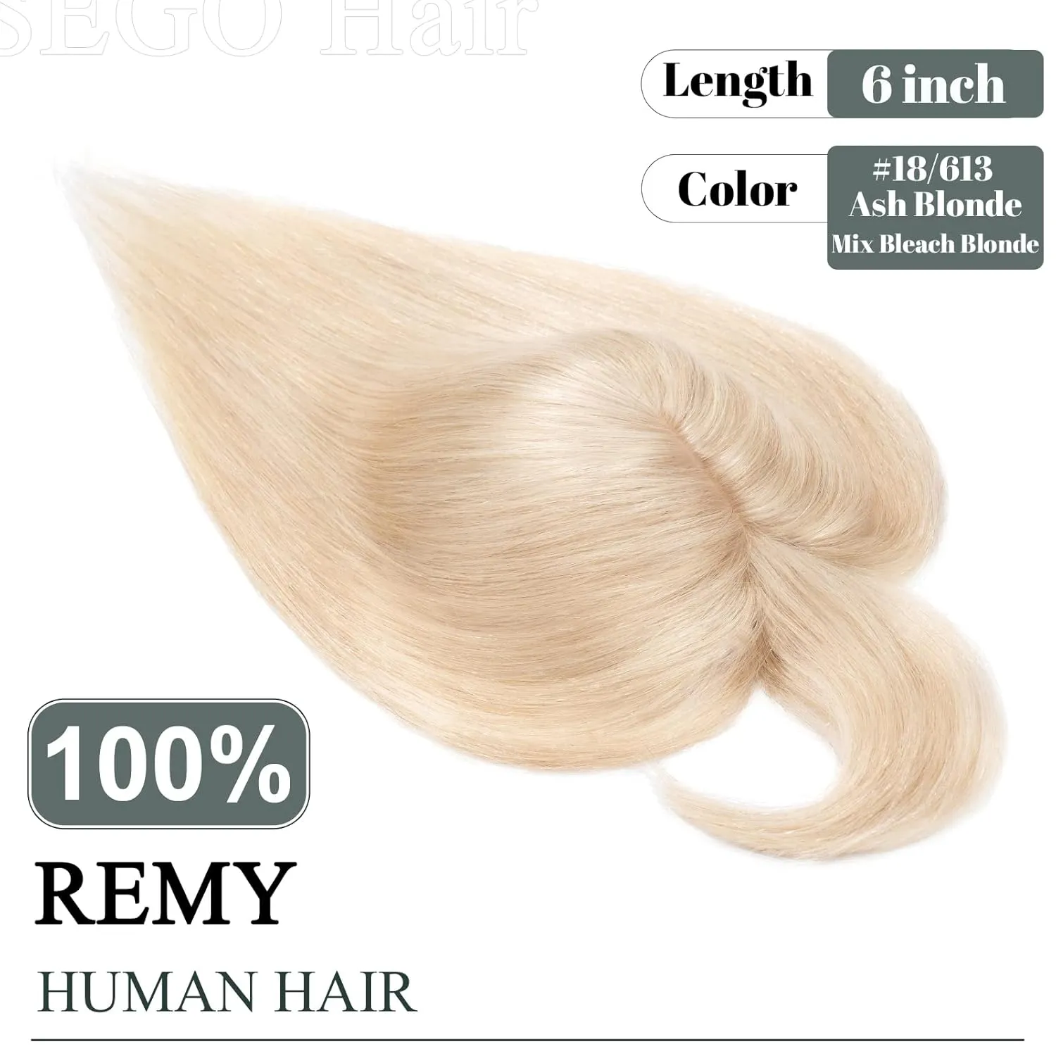 SEGO Hair Toppers for Women, Clip in Real Human Hair Toppers Straight with Bangs 150% Density Silk Base -6 Inch #18/613 Ash Blonde Mix Bleach Blonde