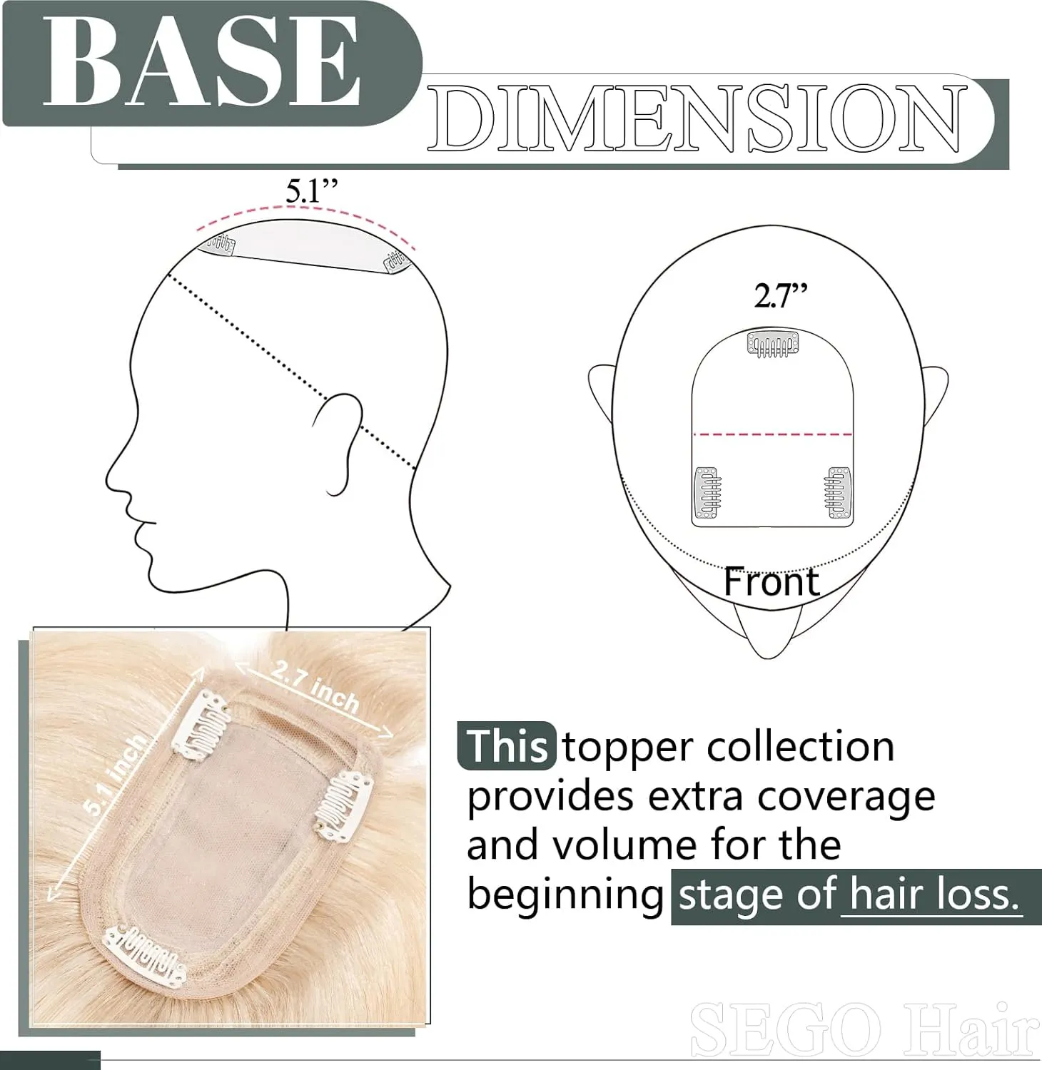 SEGO Hair Toppers for Women, Clip in Real Human Hair Toppers Straight with Bangs 150% Density Silk Base -6 Inch #18/613 Ash Blonde Mix Bleach Blonde