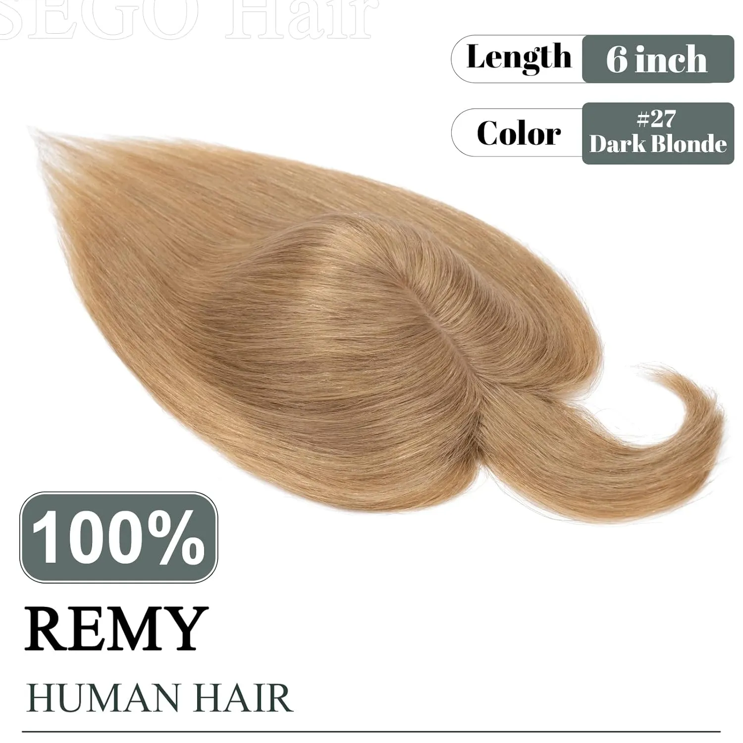 SEGO Hair Toppers for Women, Clip in Real Human Hair Toppers Straight with Bangs 150% Density Silk Base -6 Inch #27 Dark Blonde