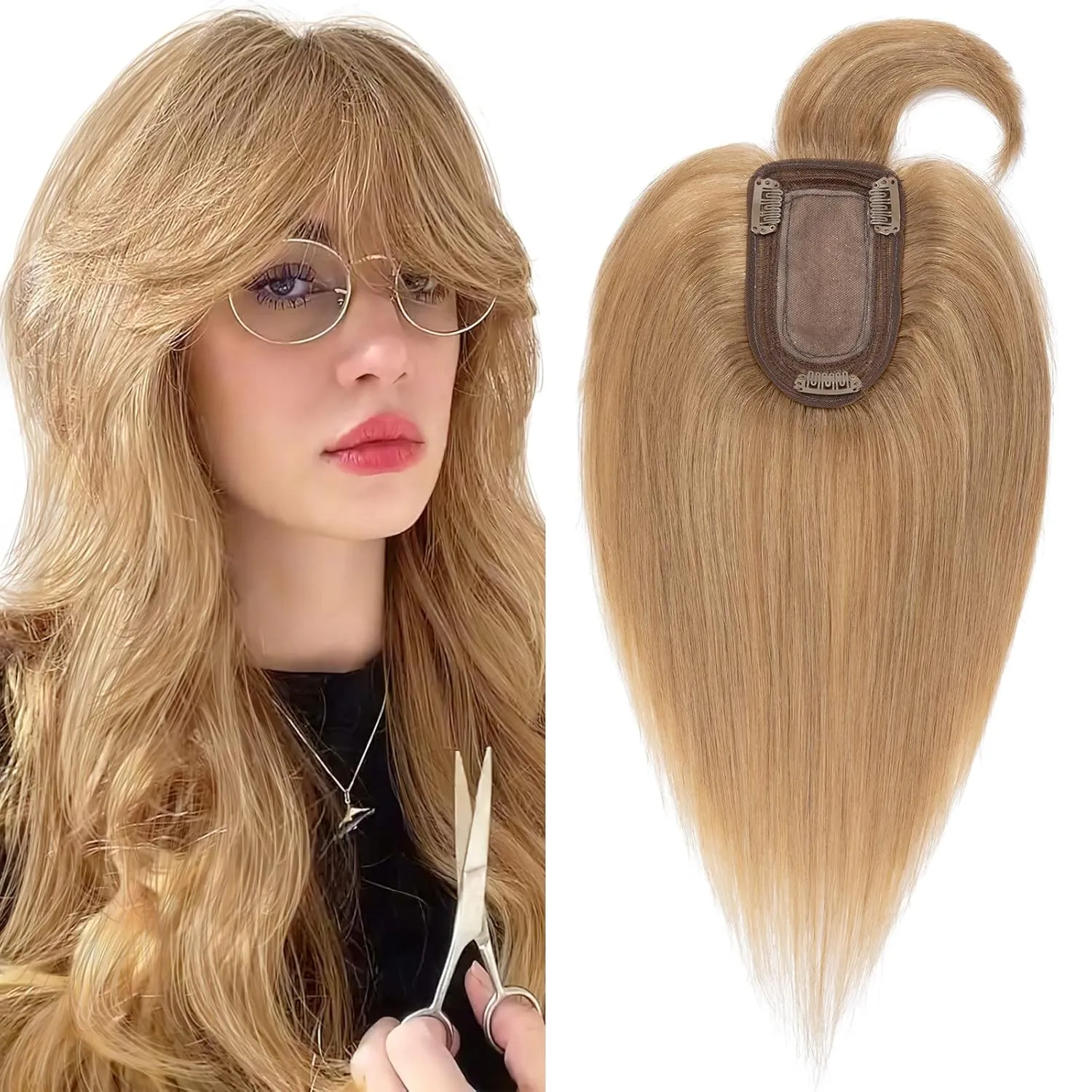 SEGO Hair Toppers for Women, Clip in Real Human Hair Toppers Straight with Bangs 150% Density Silk Base -6 Inch #27 Dark Blonde