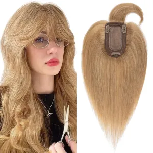 SEGO Hair Toppers for Women, Clip in Real Human Hair Toppers Straight with Bangs 150% Density Silk Base -6 Inch #27 Dark Blonde
