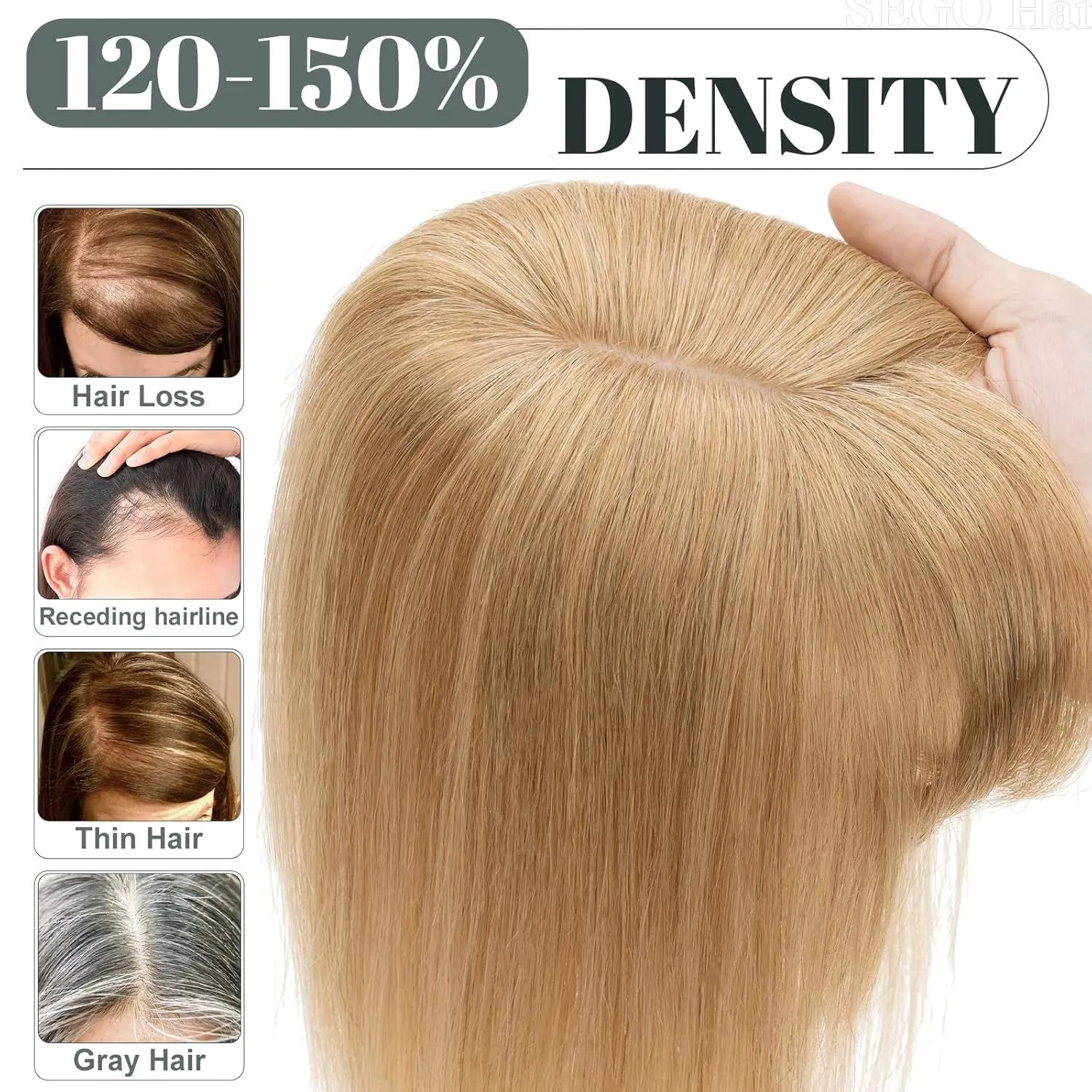 SEGO Hair Toppers for Women, Clip in Real Human Hair Toppers Straight with Bangs 150% Density Silk Base -6 Inch #27 Dark Blonde