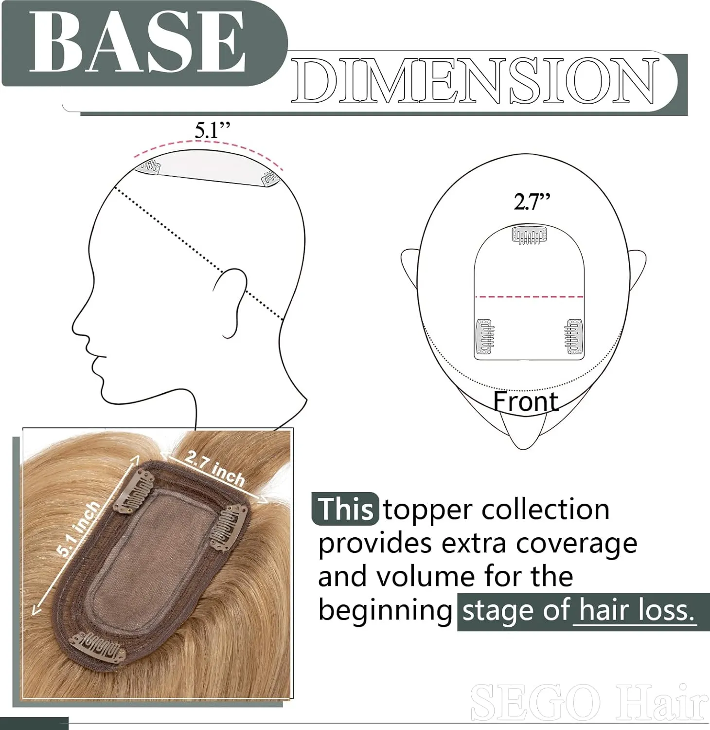 SEGO Hair Toppers for Women, Clip in Real Human Hair Toppers Straight with Bangs 150% Density Silk Base -6 Inch #27 Dark Blonde