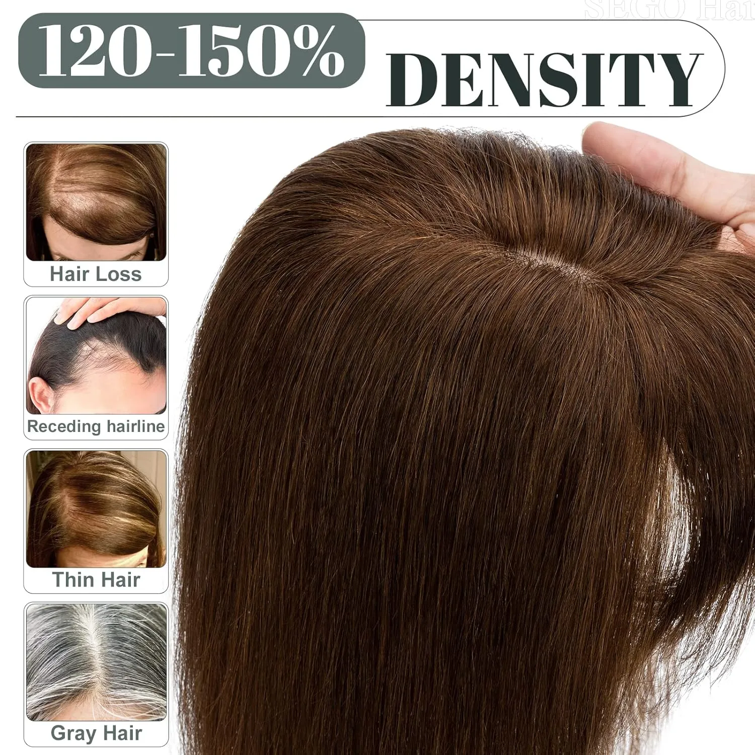 SEGO Hair Toppers for Women, Clip in Real Human Hair Toppers Straight with Bangs 150% Density Silk Base -6 Inch #4 Medium Brown