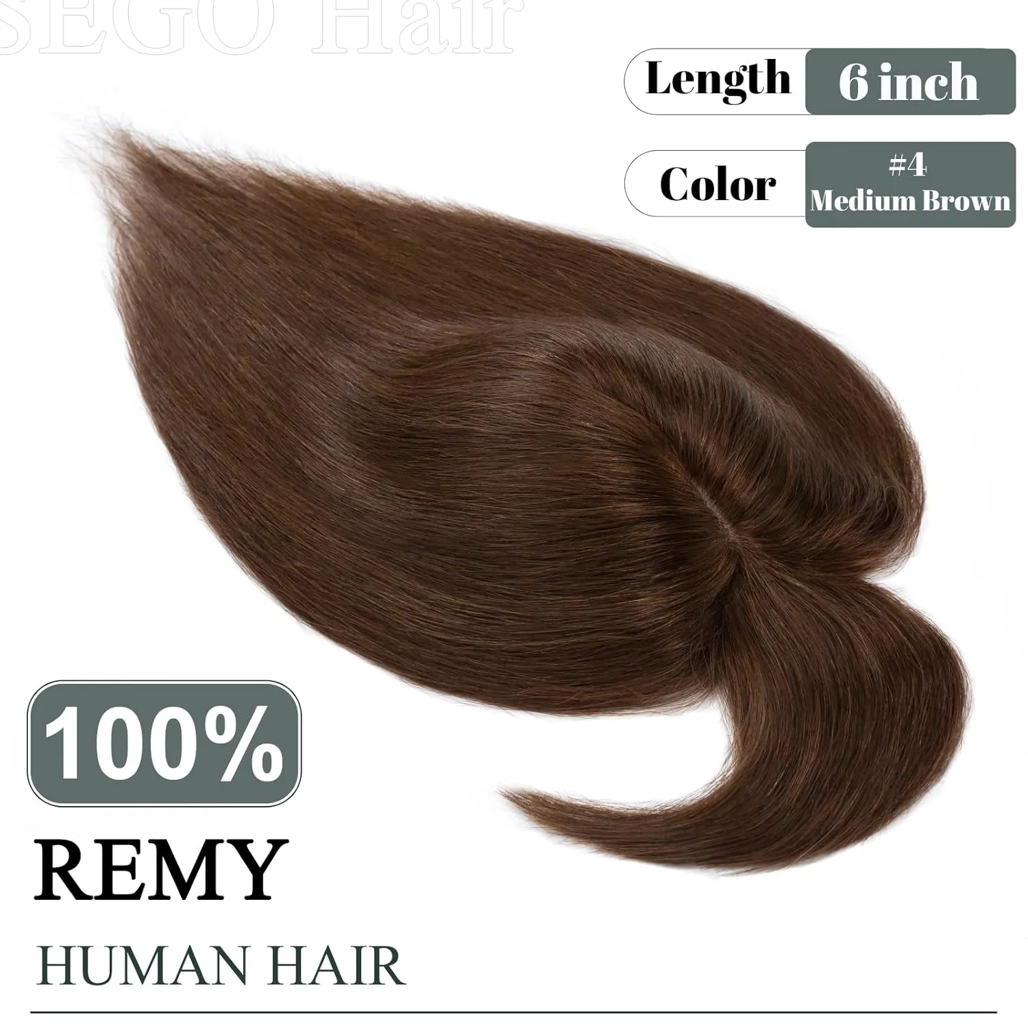 SEGO Hair Toppers for Women, Clip in Real Human Hair Toppers Straight with Bangs 150% Density Silk Base -6 Inch #4 Medium Brown