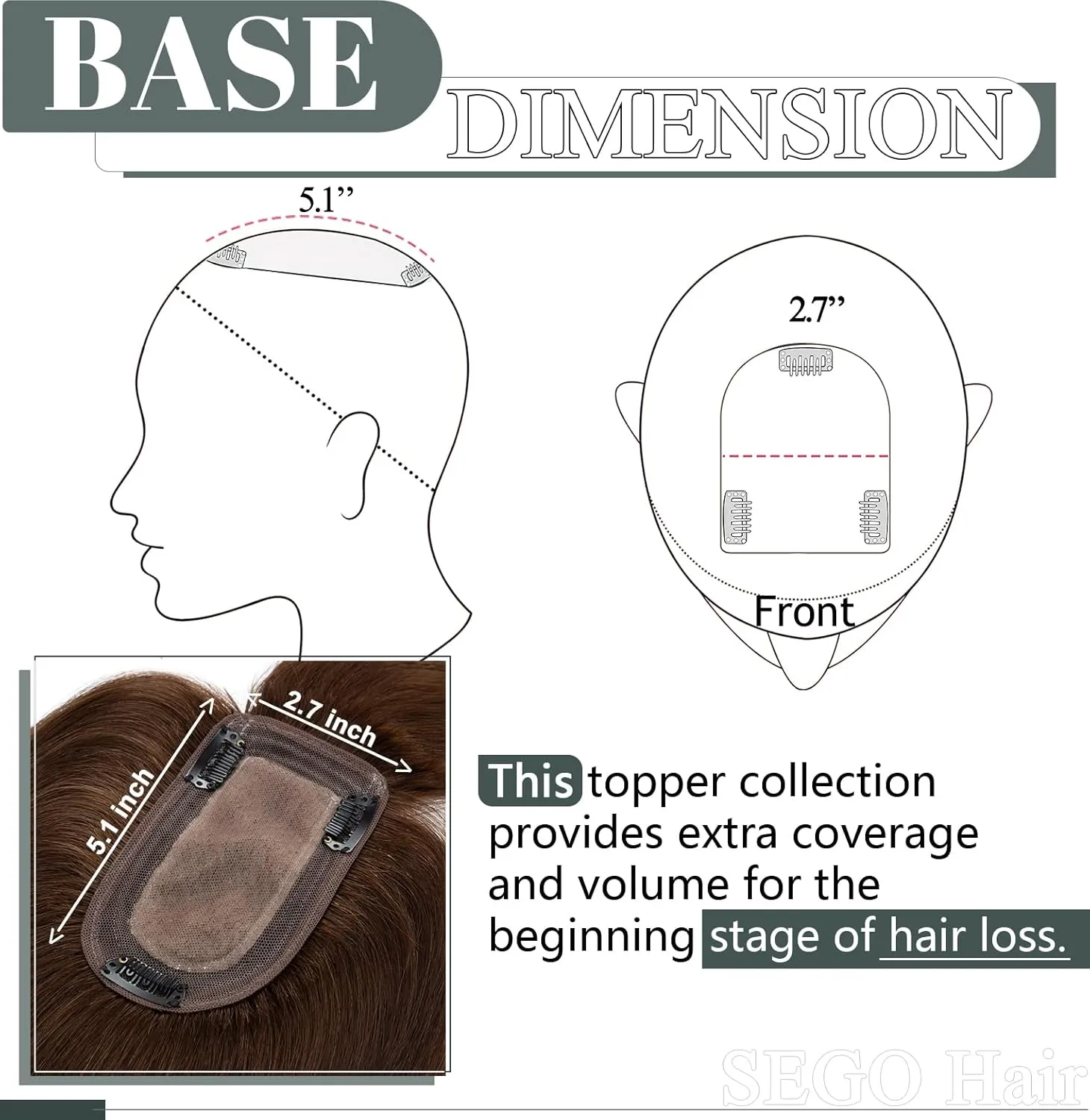 SEGO Hair Toppers for Women, Clip in Real Human Hair Toppers Straight with Bangs 150% Density Silk Base -6 Inch #4 Medium Brown