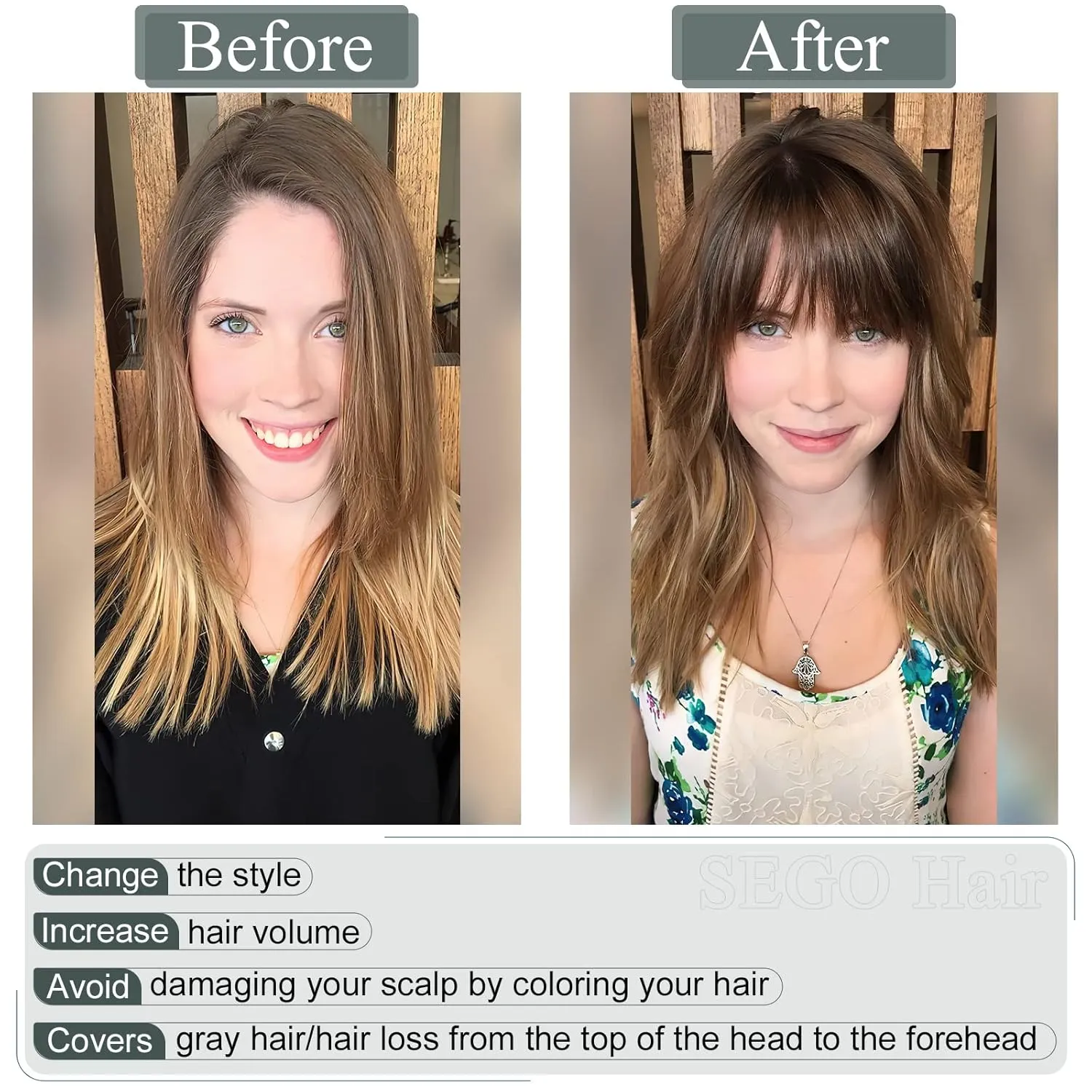 SEGO Hair Toppers for Women, Clip in Real Human Hair Toppers Straight with Bangs 150% Density Silk Base -6 Inch #4 Medium Brown