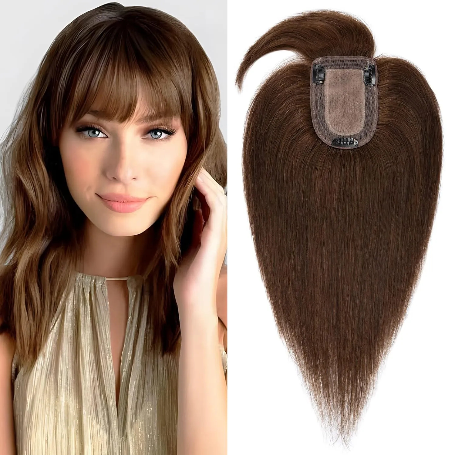 SEGO Hair Toppers for Women, Clip in Real Human Hair Toppers Straight with Bangs 150% Density Silk Base -6 Inch #4 Medium Brown